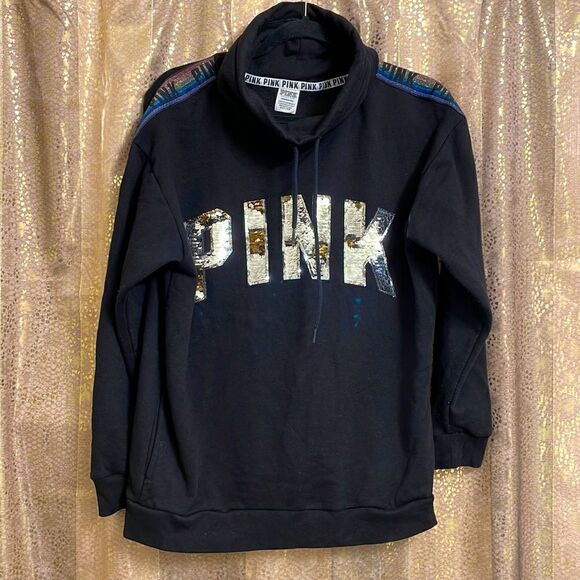 PINK Victoria’s Secret black cowl neck, rainbow stripe, sequin bling sweater, S - Picture 1 of 8